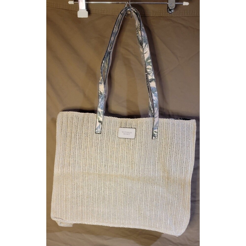 Victoria’s Secret Large Beach Tote Bag Beige Woven Tropical Print NEW